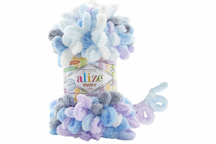 Пряжа Alize Puffy color белый-голубой-сиреневый-серый (6524), 100%микрополиэстер, 9м, 100г, 2шт