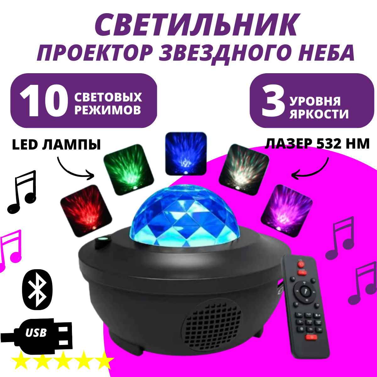 Проектор ночник звездного неба Bluetooth, 10 режим, воспроизведение музыки, с пультом управления