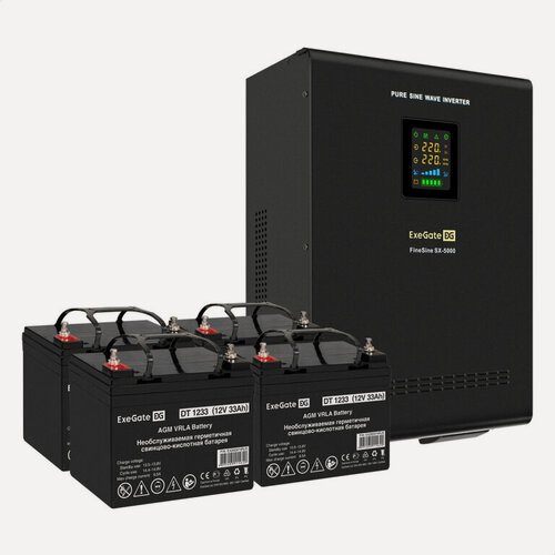 Изображение товара Комплект ИБП EX296004RUS + батарея 33Aч EX282974RUS 4шт (инвертор, синус, для котла, настенный) ExeGate FineSine SX-5000. LCD. AVR.2SH. T <5000VA/3500W, чистая синусоида, цветной LCD-дисплей, AVR, 2*Schuko+клеммы, линейно-интерактивный, крепление настен