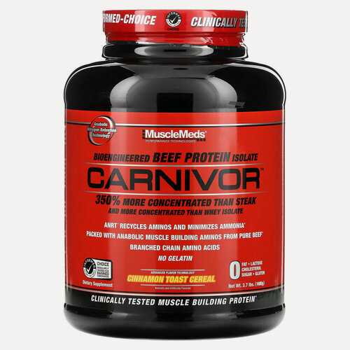 Изображение товара MuscleMeds, Carnivor, изолят говяжьего белка, созданный путем биоинженерии, со вкусом хлопьев для тостов с корицей, 1680 г (3,7 фунта)