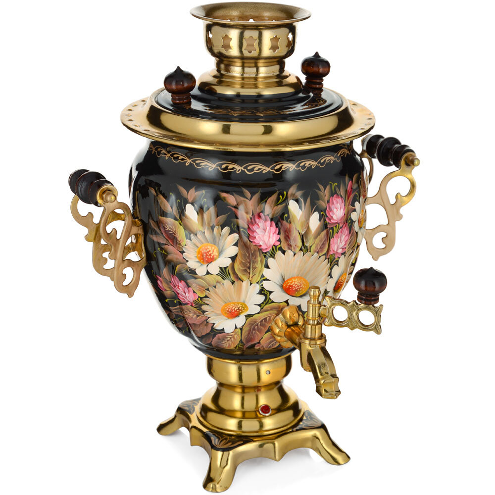 Самовар электрический 3 литра с автоотключением, худ. росписью «Ромашки с клевером» формы «Жёлудь»