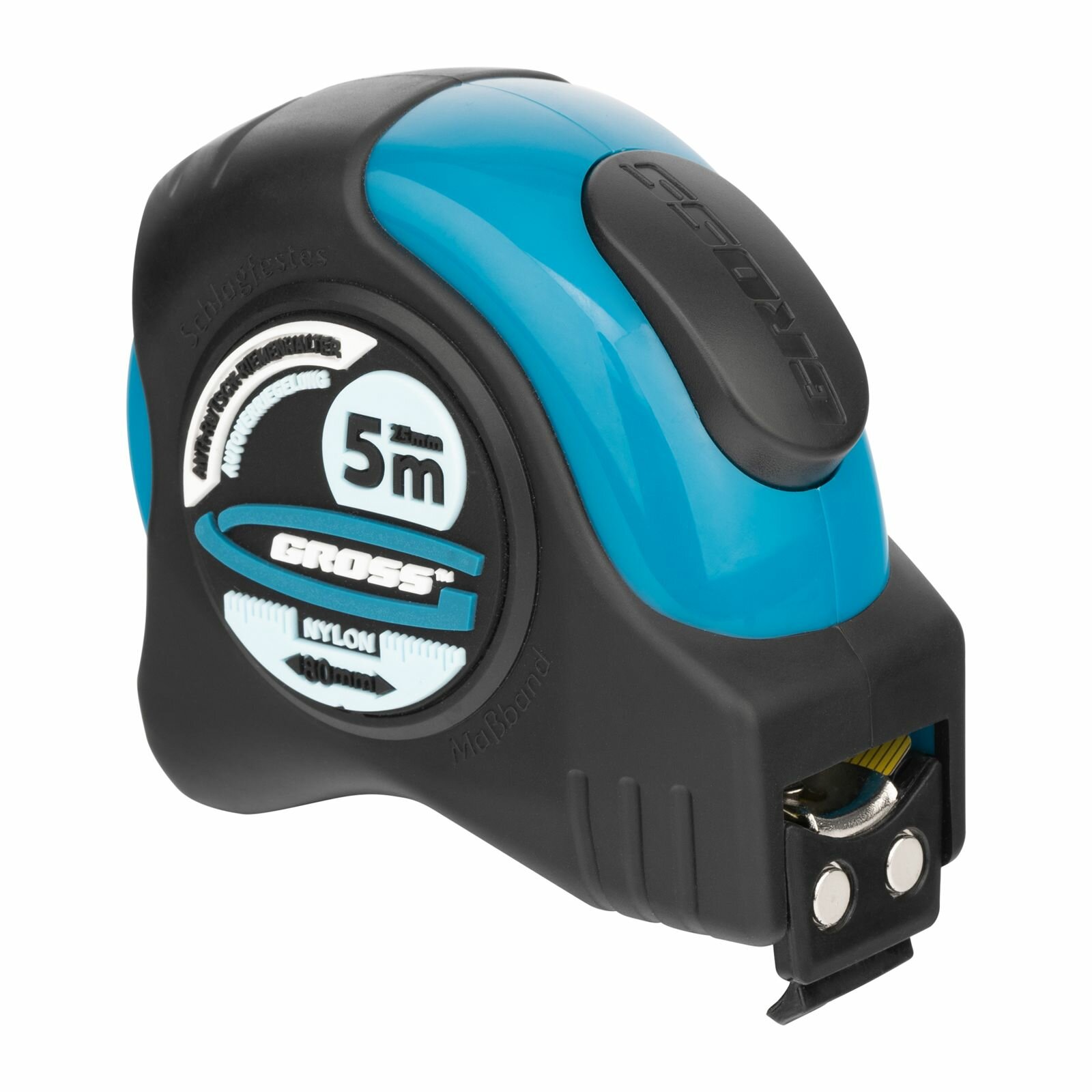 Рулетка "Schlagfest",5 м x 25 мм, магнитный обрезиненный зацеп, двусторонняя шкала, Нейлоновое покрытие, автоматическая фиксация Gross