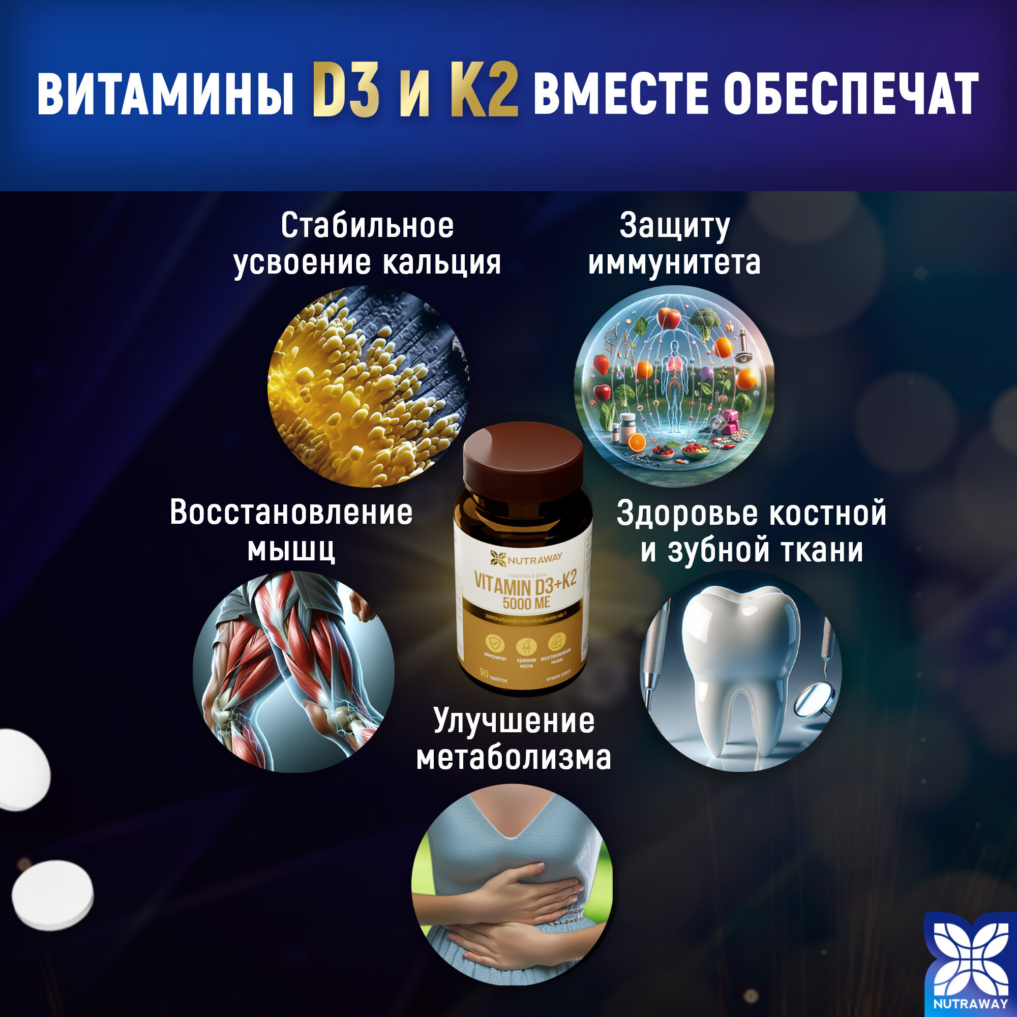 Изображение Витаминный комплекс NUTRAWAY Д3 5000 МЕ + К2 в таблетках 90 штук