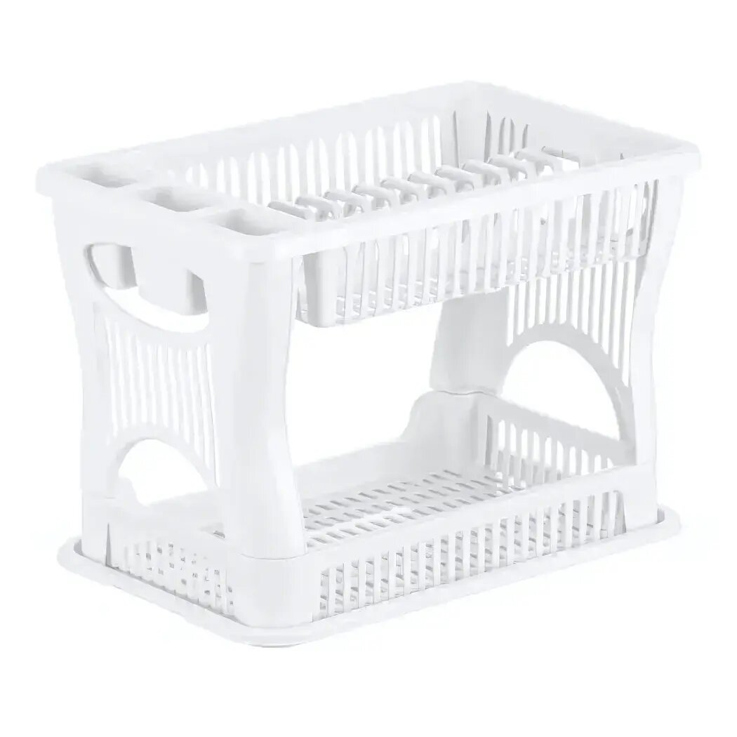 Изображение Сушилка для посуды 2-х ярусная, пластик, белый, с ручками, размеры под стандартную кухню