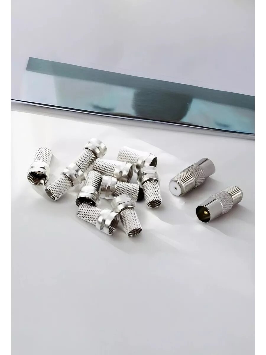 Комплект F-разъем RG-6 (10 шт) + переходник F-ТВ (2 шт) серебристый Cadena для антенны