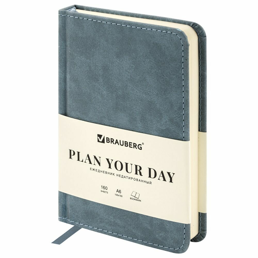 Ежедневник недатированный малый 100х150 мм А6 BRAUBERG "Status", под кожу, 160 л, серо-голубой