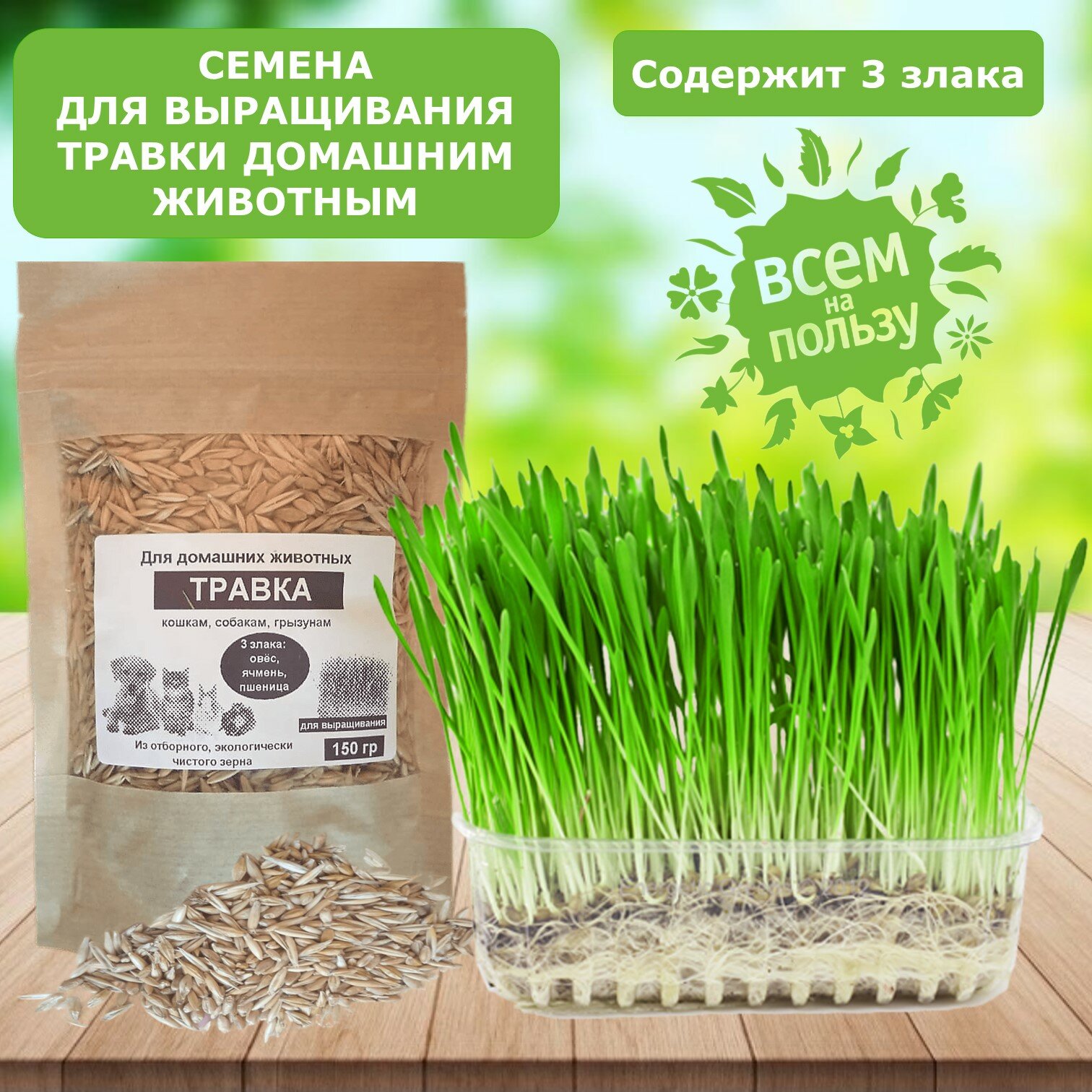 Травка для домашних животных (смесь семян для выращивания 3 злака: овёс пшеница ячмень)