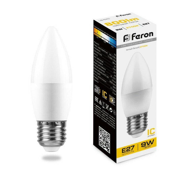 FERON Лампа светодиодная FERON, "Свеча", Е27, 9 Вт, 230 В, 2700 К