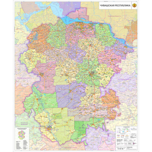 Настенная карта Республики Чувашия 139 х 115 см, (на самоклеющейся пленке)