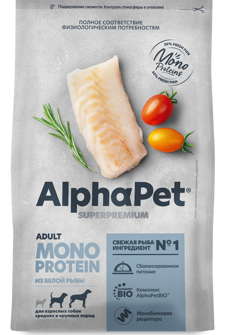 Сухой корм для собак AlphaPet Superpremium Monoprotein средних и крупных пород с белой рыбой 2 кг