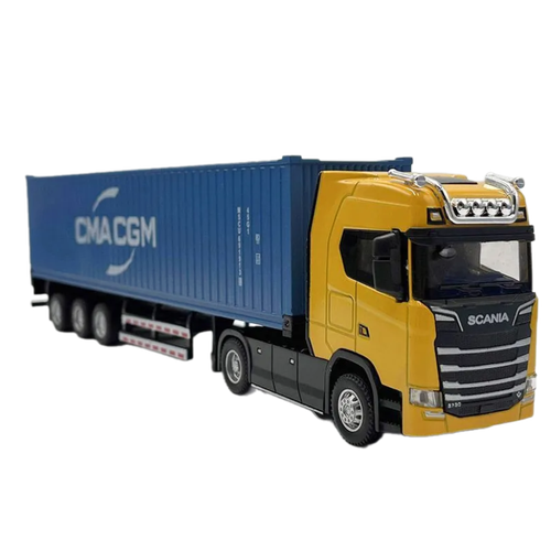 Модель грузовика тягач с прицепом-контейнером, синий , желтый модель грузовика тягач мерседес с прицепом контейнером инерционная свет звук 1 43 31 см