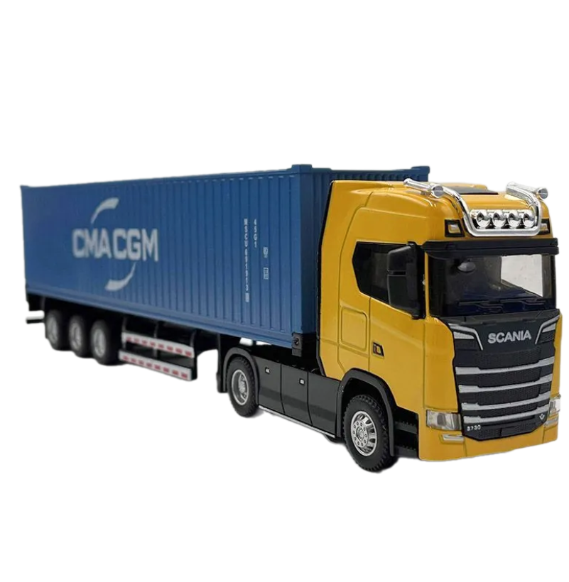 Модель грузовика тягач с прицепом-контейнером, синий , желтый
