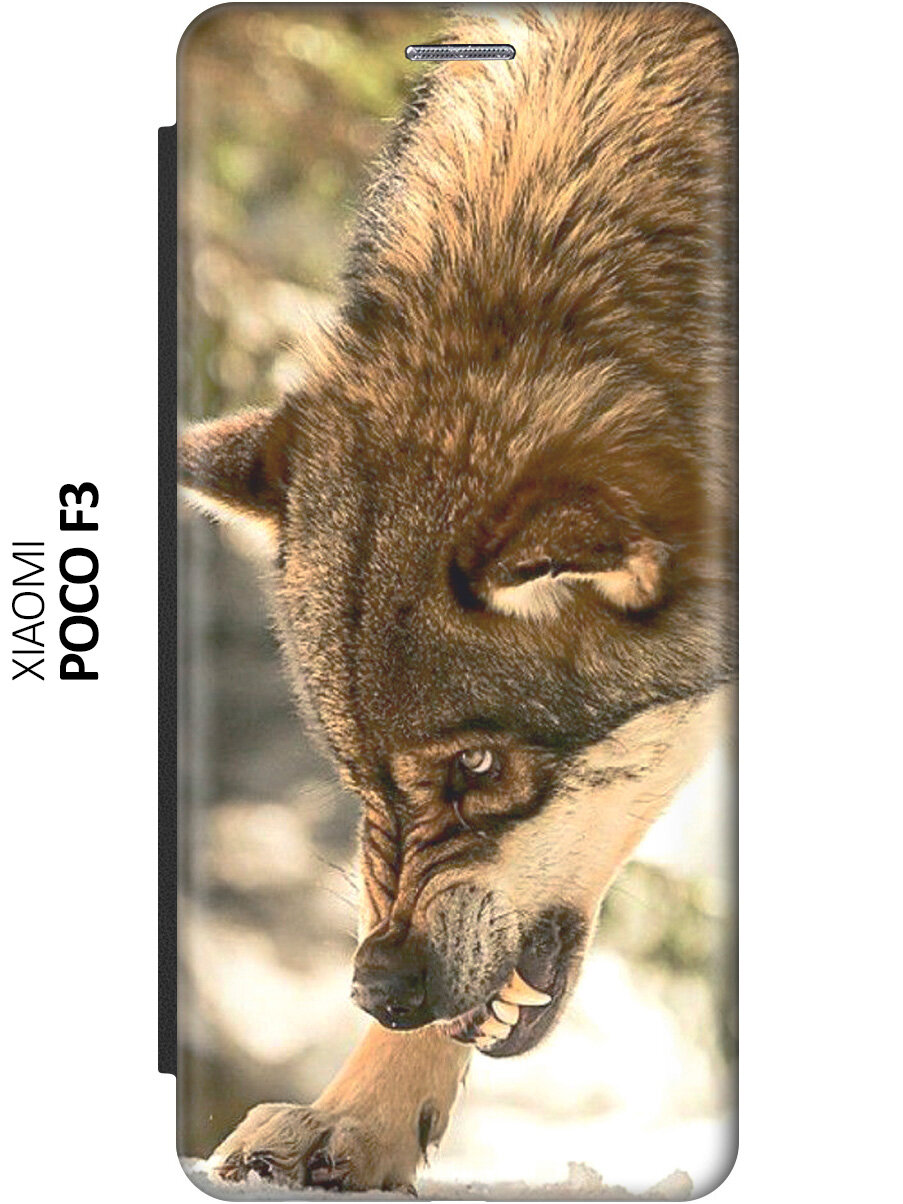 Чехол-книжка Лютый волк на Xiaomi Poco F3 / Сяоми Поко Ф3 черный