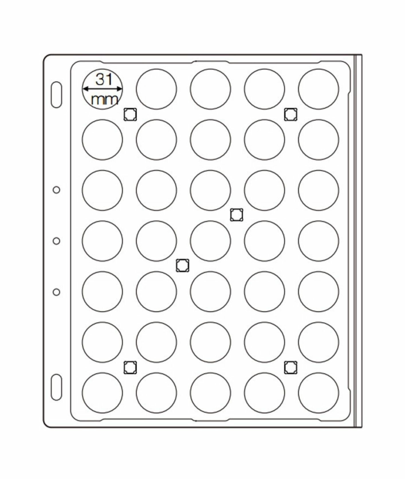 Лист для монет в капсулах на 35 ячеек (внешний диаметр 31 мм) прозрачный J4 GRANDE (281*235 мм) MINGT