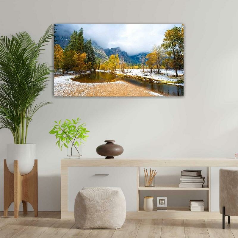 Картина на холсте 60x110 LinxOne "Река пейзаж осень горы природа" интерьерная для дома / на стену / на кухню / с подрамником