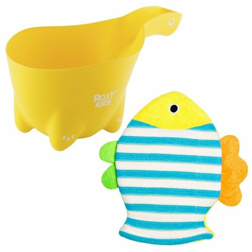 ковшик мягкий roxy kids dino safety scoop синий Набор Roxy-Kids Dino Scoop, ковшик с мочалкой Рыбка, лимонный