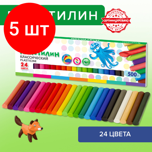 Комплект 5 шт, Пластилин классический BRAUBERG KIDS, 24 цвета, 500 г, высшее качество, 105874 комплект 11 шт пластилин классический brauberg kids 24 цвета 500 г высшее качество 105874