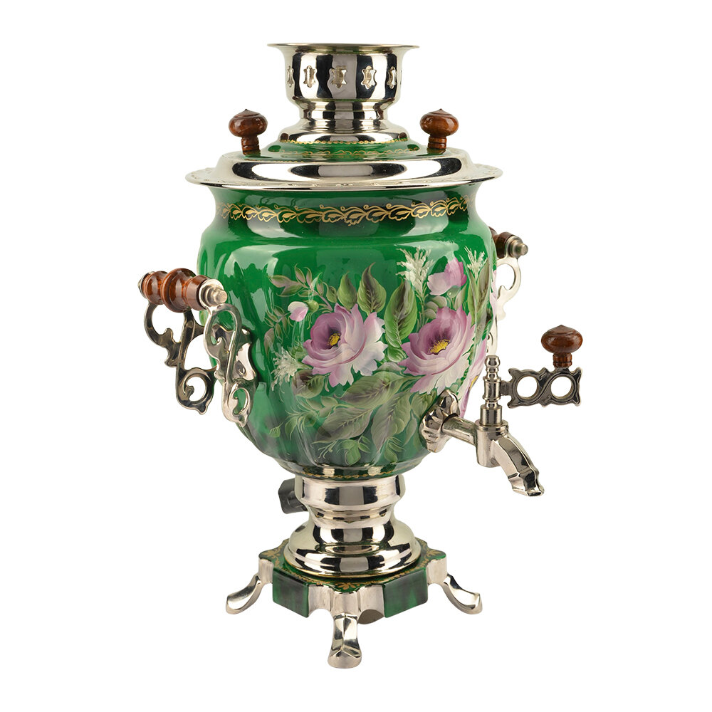 Самовар электрический 3 литра с художественной росписью «Пионы на зелёном в серебре» формы «Жёлудь»