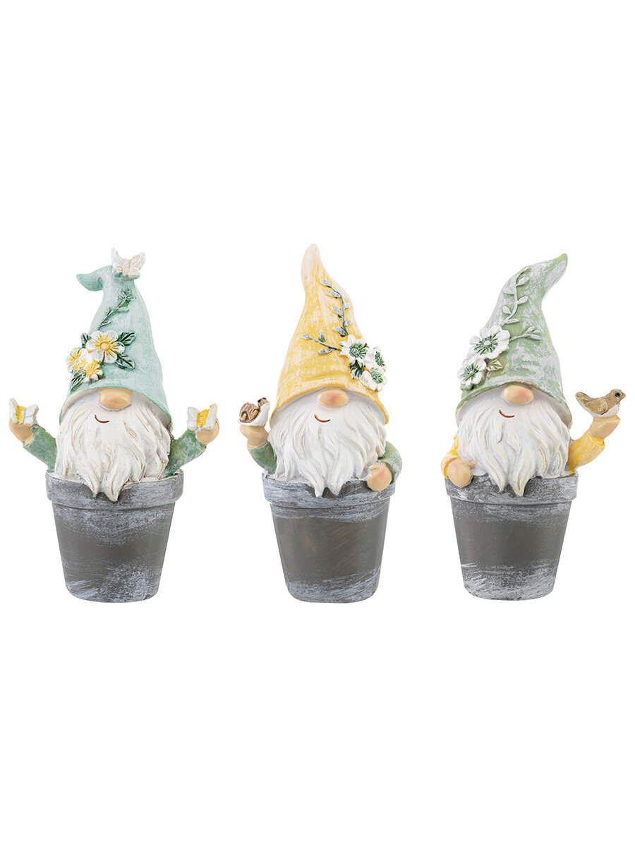 фото Набор 3 фигурок декоративных Elan Gallery "Три гнома", Гном с улиткой 4,5х4х4х9,5 см, Гном с бабочками 6х4х9,5 см, Гном с птичкой 5х4х9,5 см
