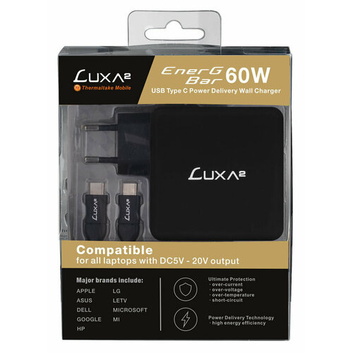 Адаптер питания Thermaltake LUXA2 EnerG Bar 60W USB-C Power Delivery, 5 - 20 В, 3A, 60Вт, с устройствами USB Type-C, черный [po-ubc-pc60bk-01] usb кабель power delivery type c type c 60w до 3a 1 м