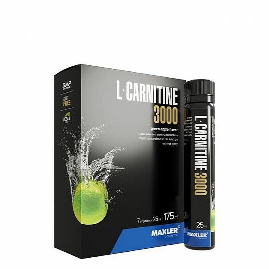 Зеленое яблоко Maxler L-Carnitine 3000 mg (Л-Карнитин 3000 мг) 7 ампул по 25 мл (Maxler)