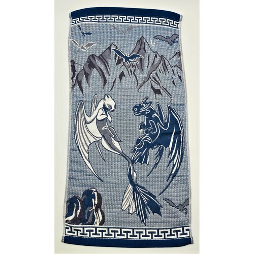 Полотенце хлопковое банное символ года Два Дракона 50*100 см Синее