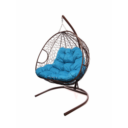 Подвесное кресло из ротанга "Для двоих" коричневое с голубой подушкой M-GROUP
