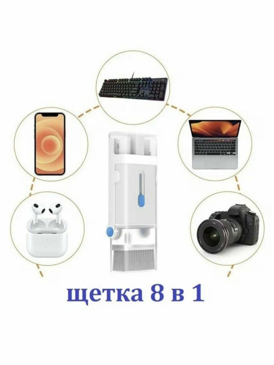 Многофункциональная щетка для чистки гаджетов, клавиатуры экрана телефона и ноутбуков 8 в 1/набор для чистки гаджетов — фото 1
