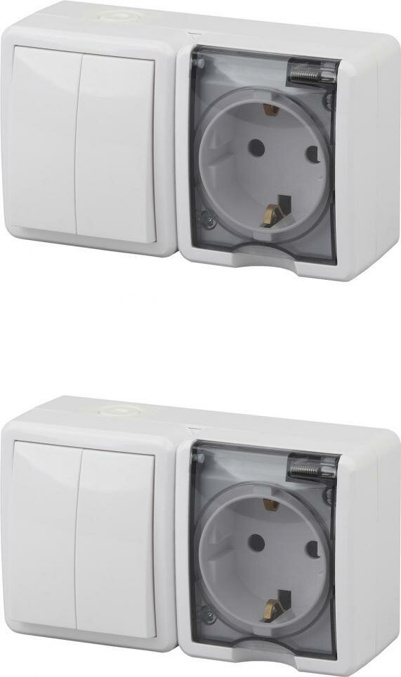 фото Блок ЭРА Эксперт горизонтальный с двухклавишным выключателем и розеткой с защитной крышкой IP54 белый