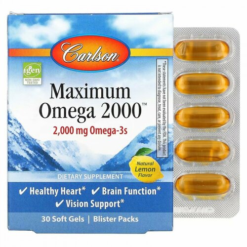 Carlson, Maximum Omega 2000, натуральный лимонный вкус, 1000 мг, 30 мягких таблеток, Carlson Labs  - купить