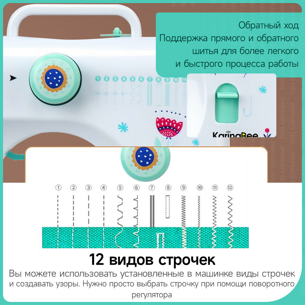 Швейная машина KaringBee FHSM-505G зеленый+набор аксессуаров, электрическая от сети, реверс, регулировка скорости, нитевдеватель и подсветка,12 видов строчек