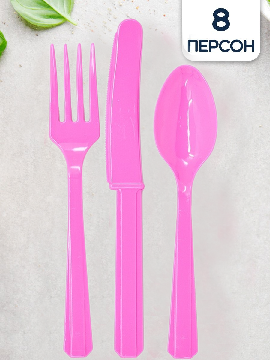 Прочные пластиковые приборы нежно-розовые: вилка, нож, ложка, 24 шт