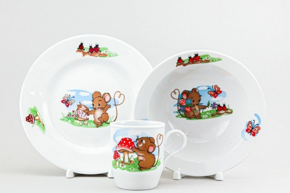 Набор детской фарфоровой посуды из 3-x предметов "Мышата" Дулево (тарелка, миска , кружка ) ф. русское поле