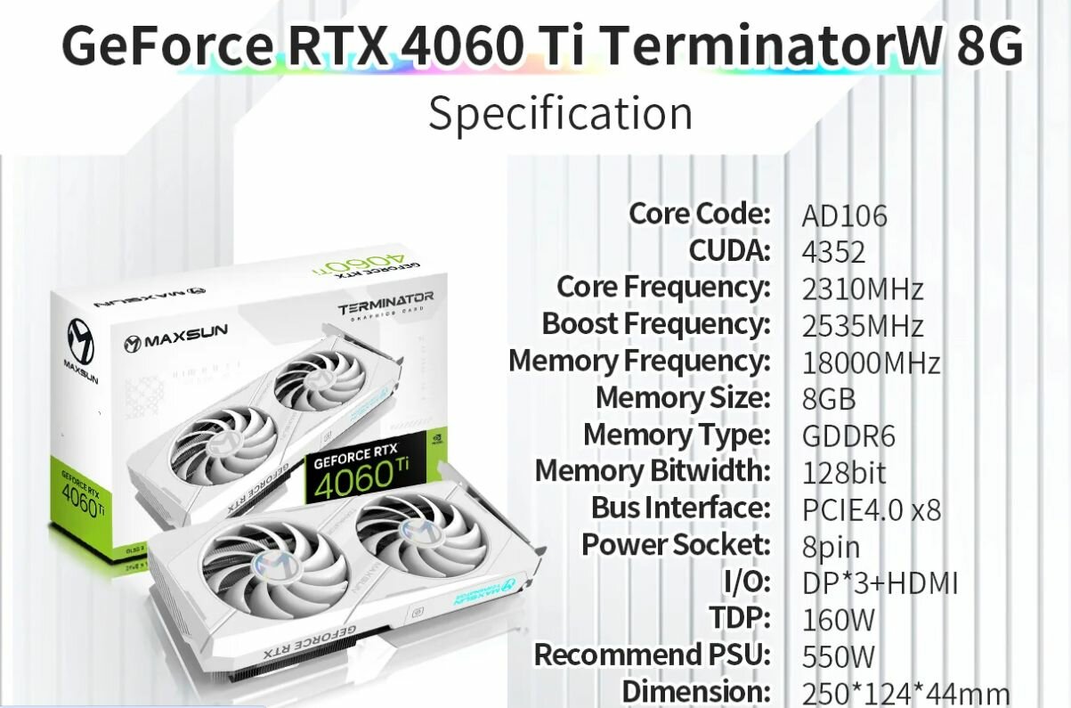 Видеокарта MAXSUN GeForce RTX 4060Ti 8 ГБ (MS-RTX4060TI TERMINATOR W 8G) - фото №3