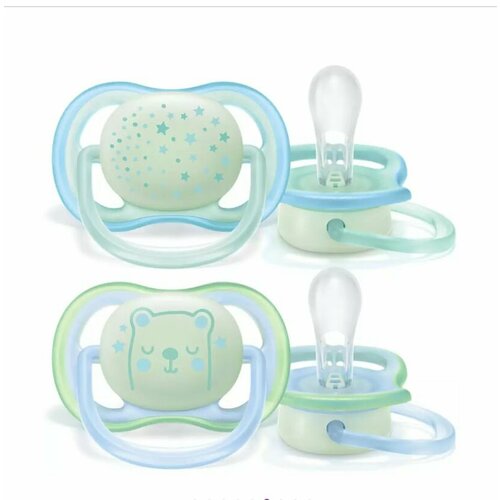 Силиконовые пустышки Philips Avent SCF376/10 ultra air 2 шт, светятся в темноте, с контейнером для стерилизации, голубой/лазурный cоска пустышка силиконовая ортодонтическая с футляром 0 6 мес ultra air philips avent 2шт scf080 17