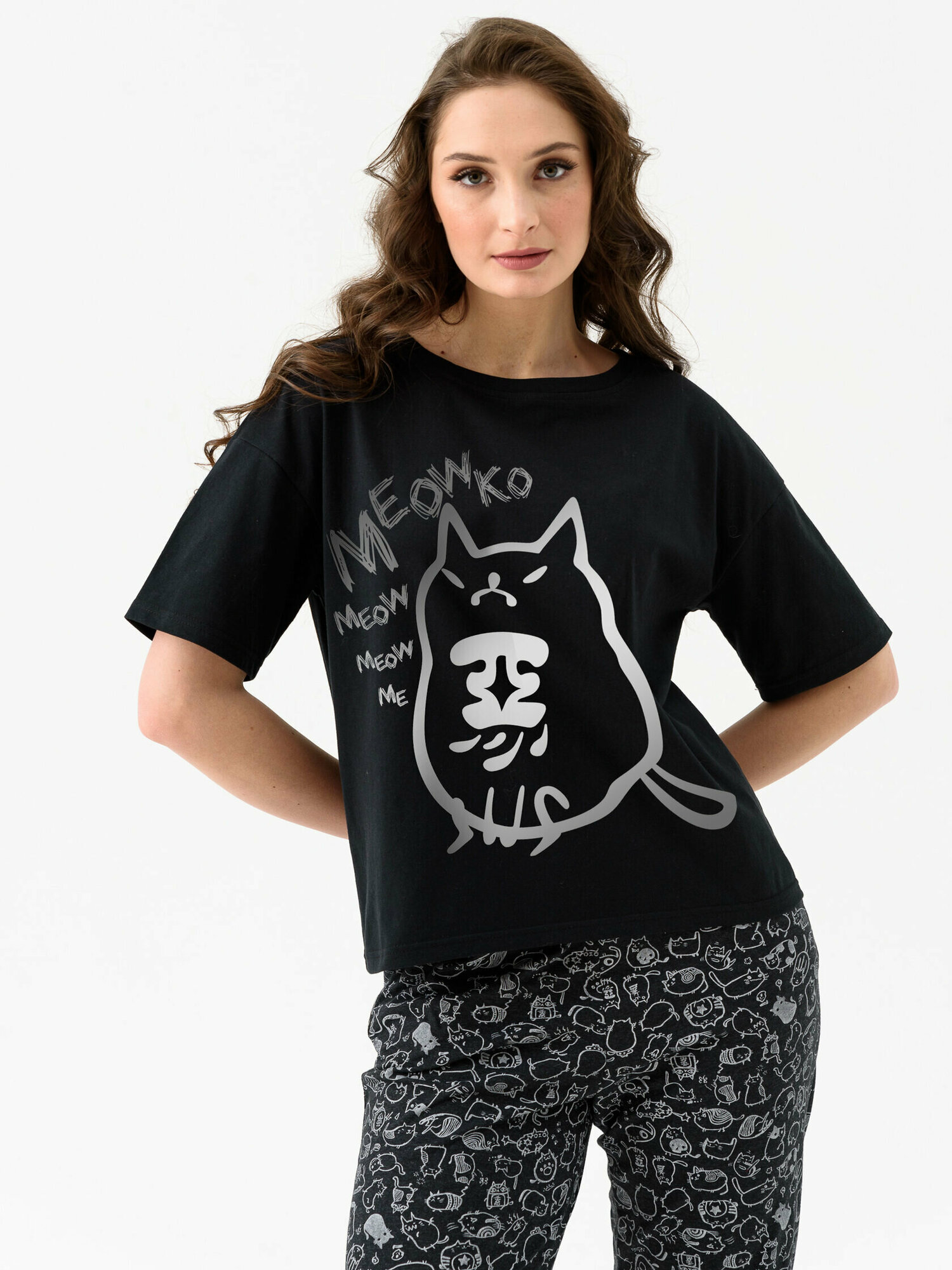 Женская пижама с брюками Черный кот Черный 54 Кулирка Оптима трикотаж - фотография № 3