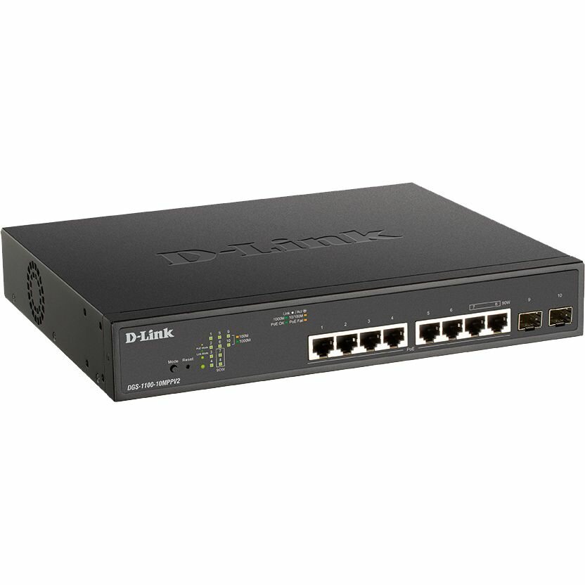 Коммутатор D-Link EasySmart L2 Switch 8х1000Base-T PoE, 2x1000Base-X SFP, PoE Budget 242W, 2 PoE ports 802.3bt (90W)