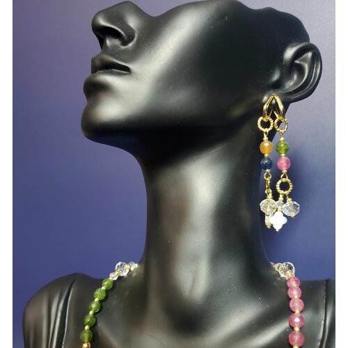 Серьги  Турмалин и перламутровый клевер, хрусталь, турмалин, перламутр, бежевый, розовый