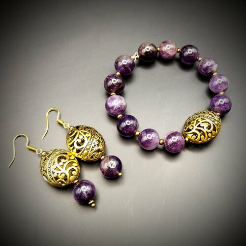 Комплект бижутерии Innuendo: браслет, серьги, размер браслета 17 см, золотой, фиолетовый