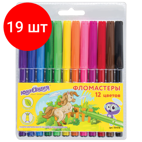 Комплект 19 шт, Фломастеры юнландия 12 цветов, уроки рисования, вентилируемый колпачок, ПВХ, 151416