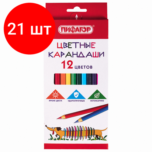 Комплект 21 шт, Карандаши цветные пифагор Веселая такса, 12 цветов, классические, заточенные, 181806 дневничок для девочек веселая такса 50036