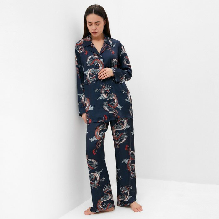 Пижама женская (рубашка и брюки) KAFTAN "Дракон", размер 48-50, синий - фотография № 3