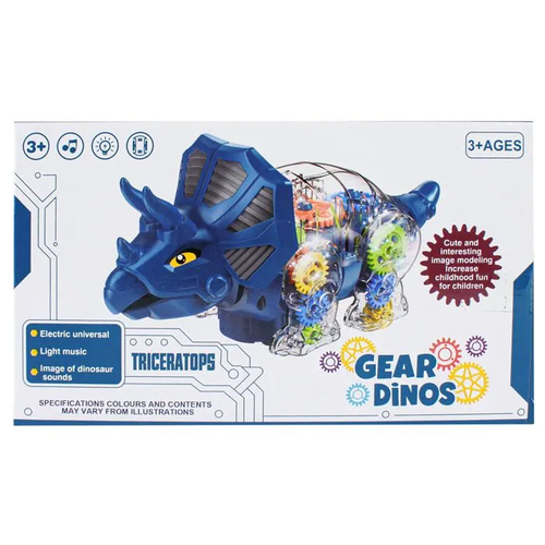Динозавр прозрачный с шестеренками Gear Dinos Трицератопс интерактивный, детская игрушка на батарейках, звук, свет, движение, для мальчиков и девочек прозрачный паровоз с шестеренками светящийся со звуком gear train
