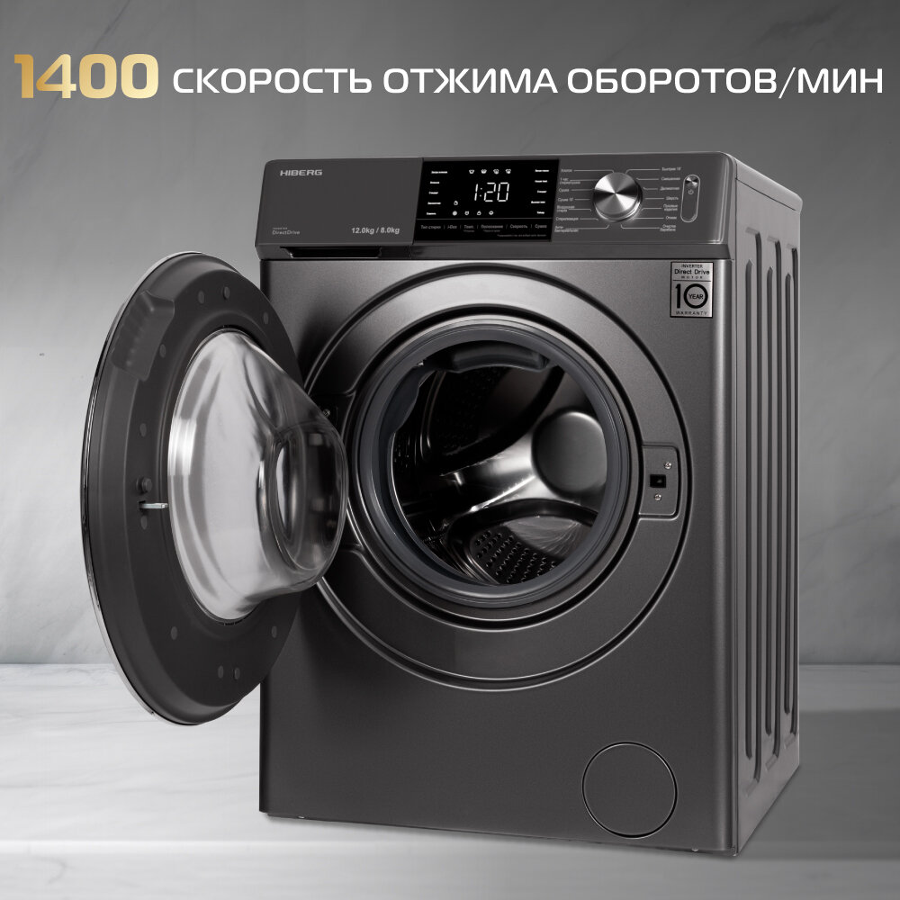 Стиральная машина с сушкой HIBERG i-DDQ6A - 12814 Sd, инвертор, прямой привод, 12 кг, темно-серый — фото 2