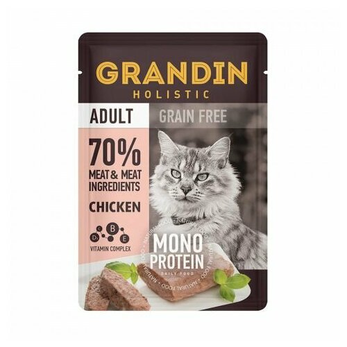 Grandin Adult Grain free Monoprotein Влажный корм для взрослых кошек, патэ из нежного мяса курицы в желе, 85 гр, 12 шт влажный корм для кошек berkley 1 фрикасе из курицы с тунцом в желе 6шт х 85г