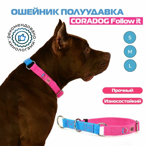 Ошейник-полуудавка, мартингейл, CORADOG Follow it, для маленьких и средних собак, голубой ярко розовый, размер S 27-38 см, ширина 2см
