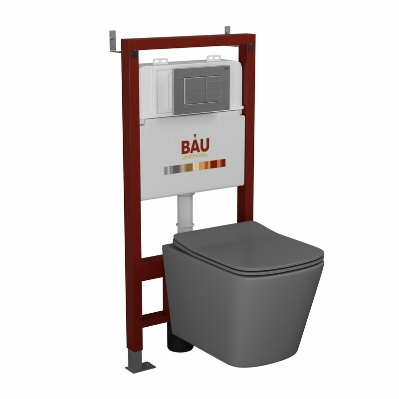 Комплект BAU 6 в 1: инсталляция BAU PRO, унитаз подвесной безободковый Bau Stil 51x35, сиденье дюропласт микролифт, темно-серый матовый, клавиша BAU Stil сатин