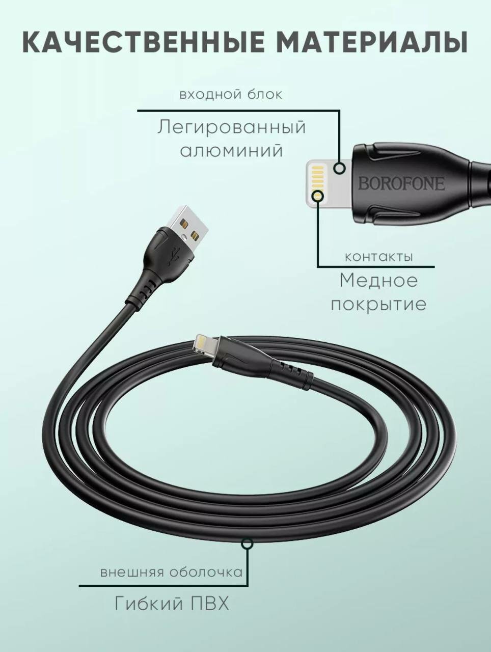 USB - кабель Lightning Borofone BX51 / Кабель для зарядки и передачи данных / Провод для iPhone (черный) — фото 1