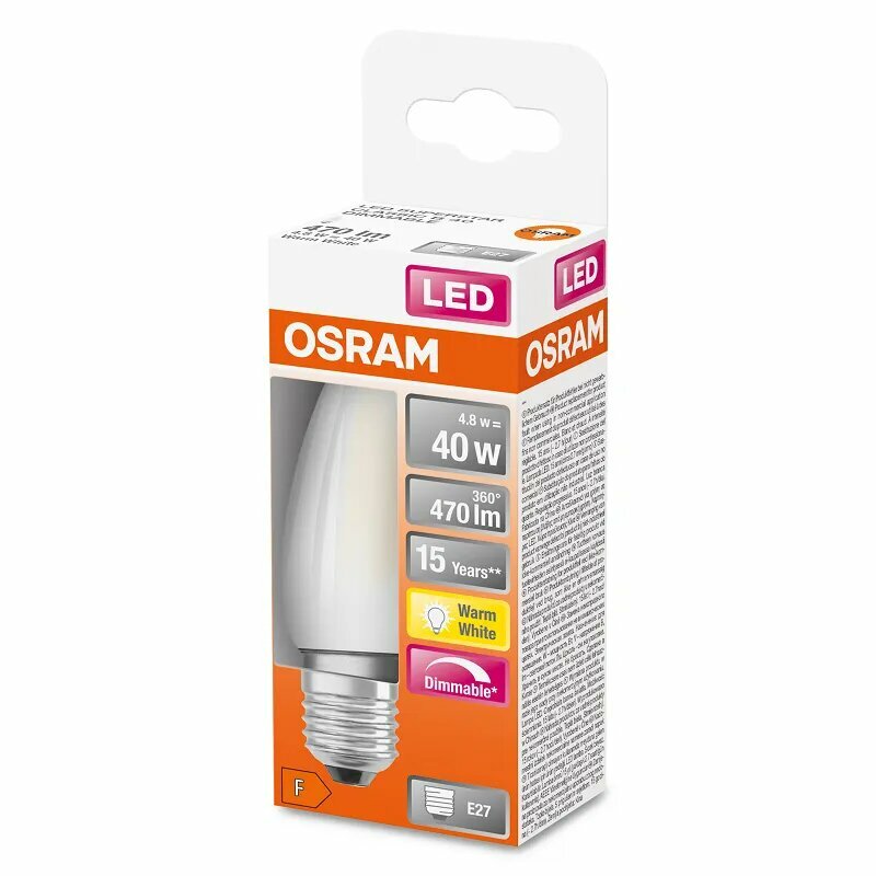 Лампочка светодиодная OSRAM Свеча B E27 5Вт 220В 470Лм 2700К Теплый белый Филаментная Диммируемая уп. 1шт