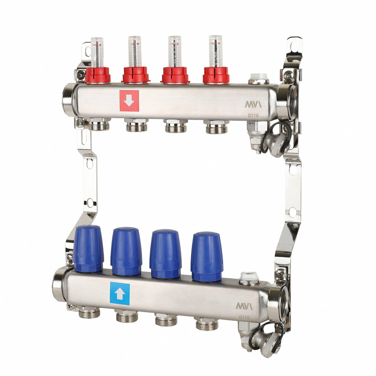 MVI Коллекторная группа с расходомерами 1' х 4 выхода 3/4' НР евроконус с дренажным краном и воздухоотводчиком (MS.704.06)